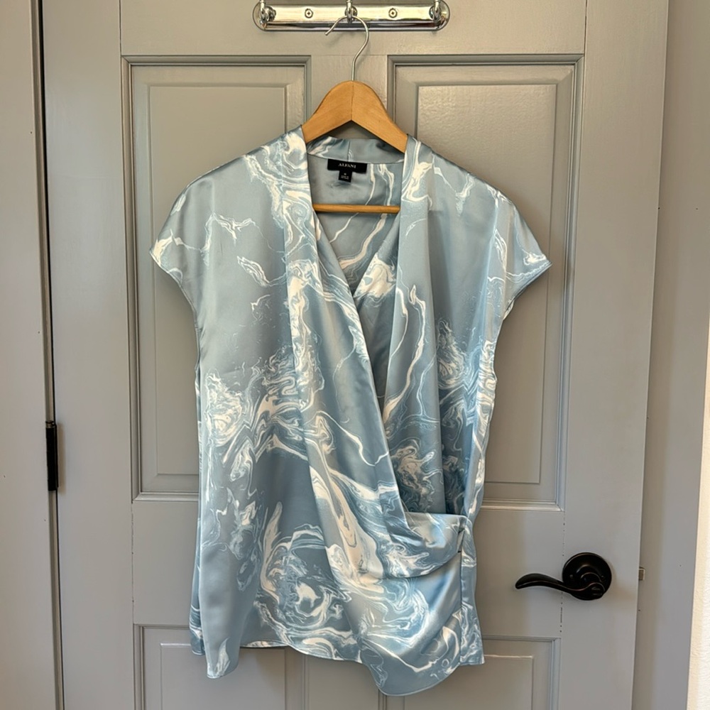 Alfani white blue satin faux wrap blouse